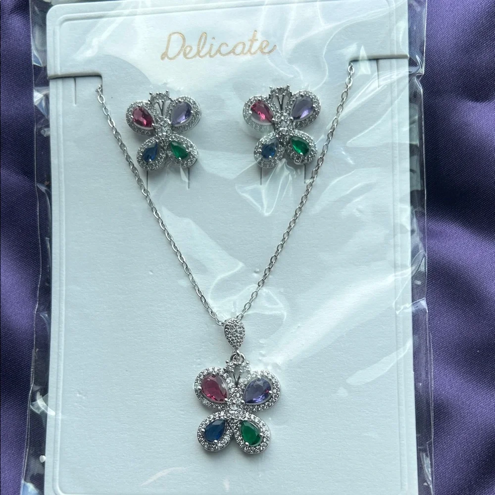 delicates Silver-Tone Multicolor Teardrop butterfly Necklace and Earrings